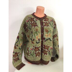 Lost Horizons Chunky Wool Cardigan Sweater Floral Womens Large